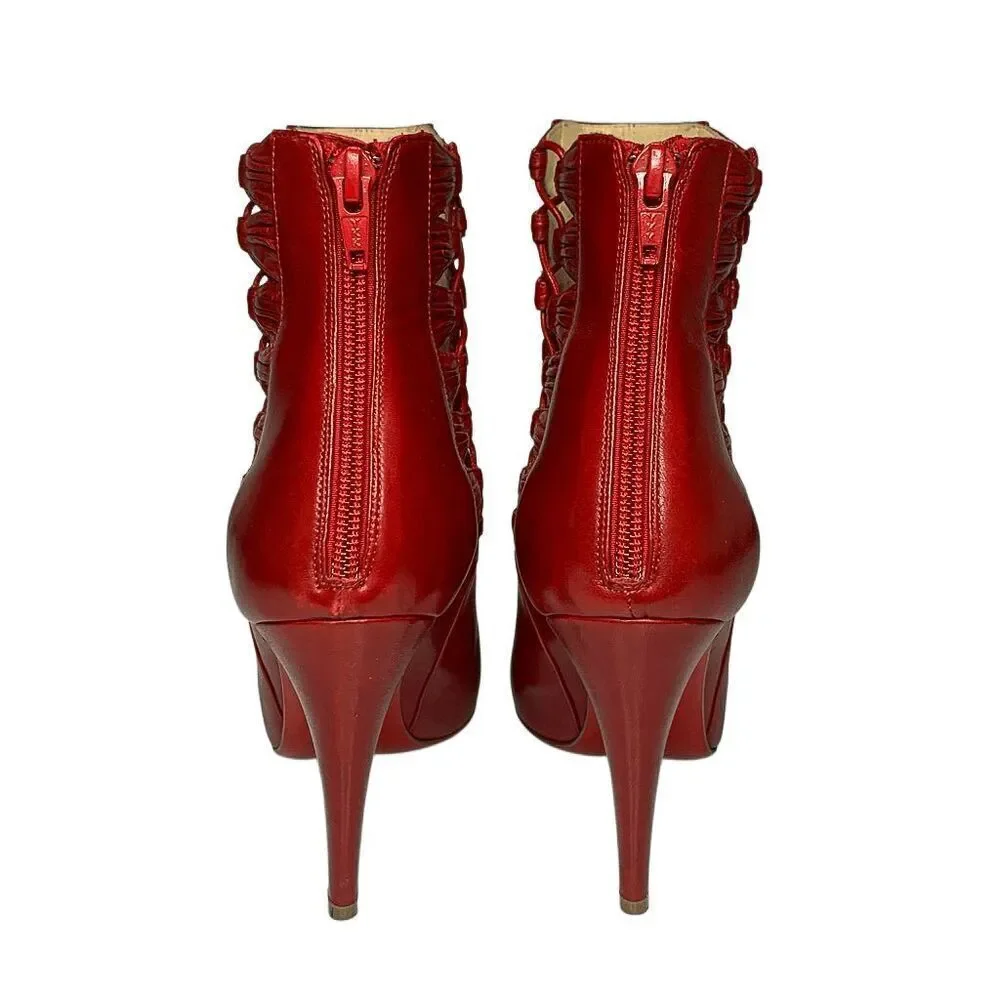 Christian Louboutin Aziboot 100 Red Leather Cutout Ankle Boots Size 37 EU 7 US